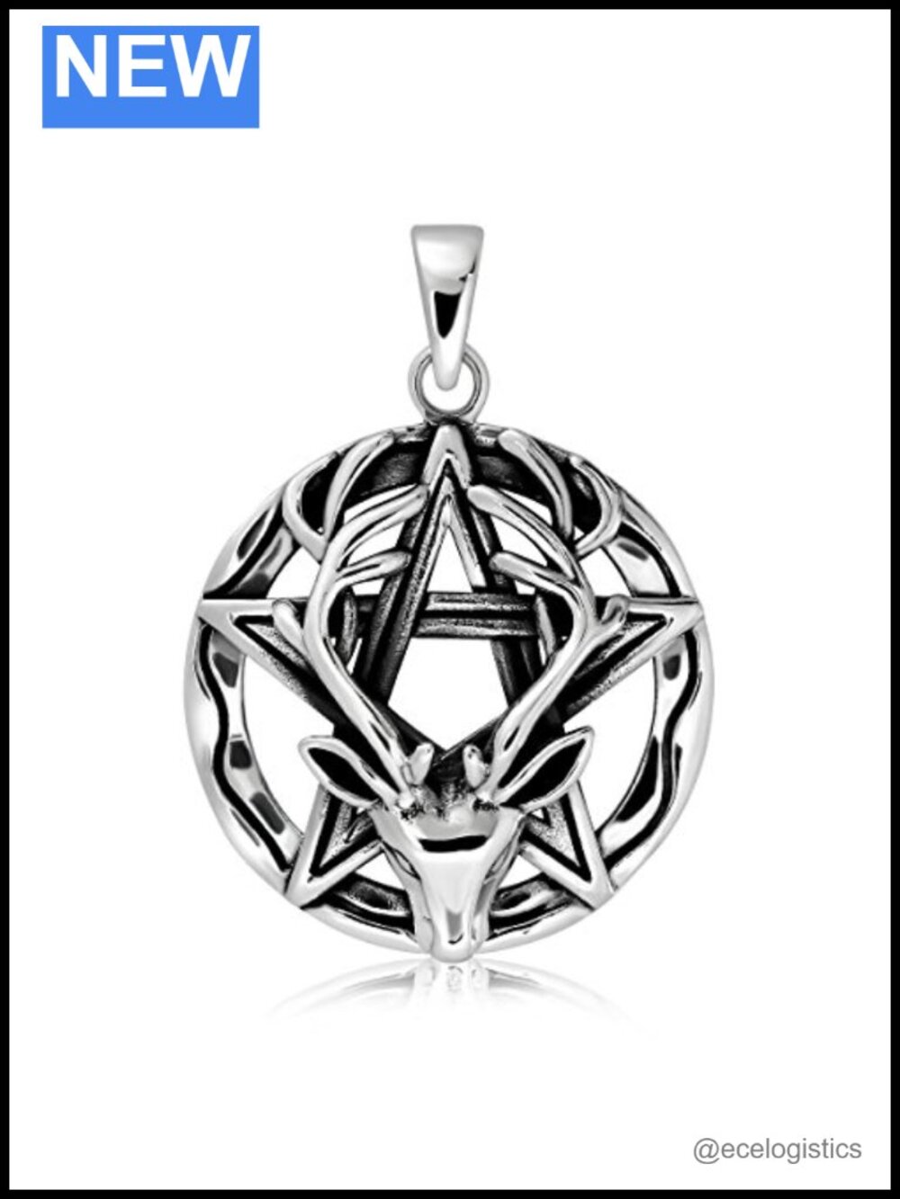 Sterling Silver 925 Wiccan Pentagram Horned God Cernunnos Pendant Jewelry